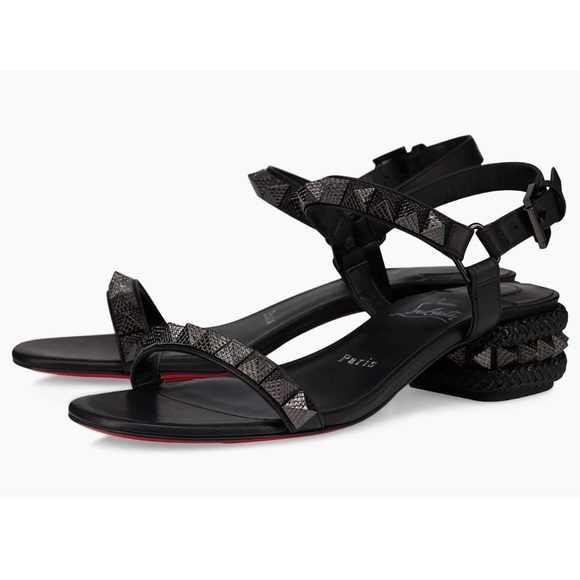 Christian Louboutin Pyrasand 30 Black Leather Block Heel Ankle Strap Sandal 35.5 - Picture 3 of 16